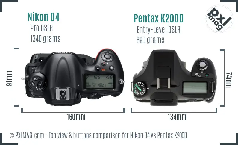 Nikon D4 vs Pentax K200D top view buttons comparison