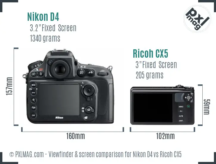 Nikon D4 vs Ricoh CX5 Screen and Viewfinder comparison