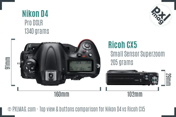 Nikon D4 vs Ricoh CX5 top view buttons comparison