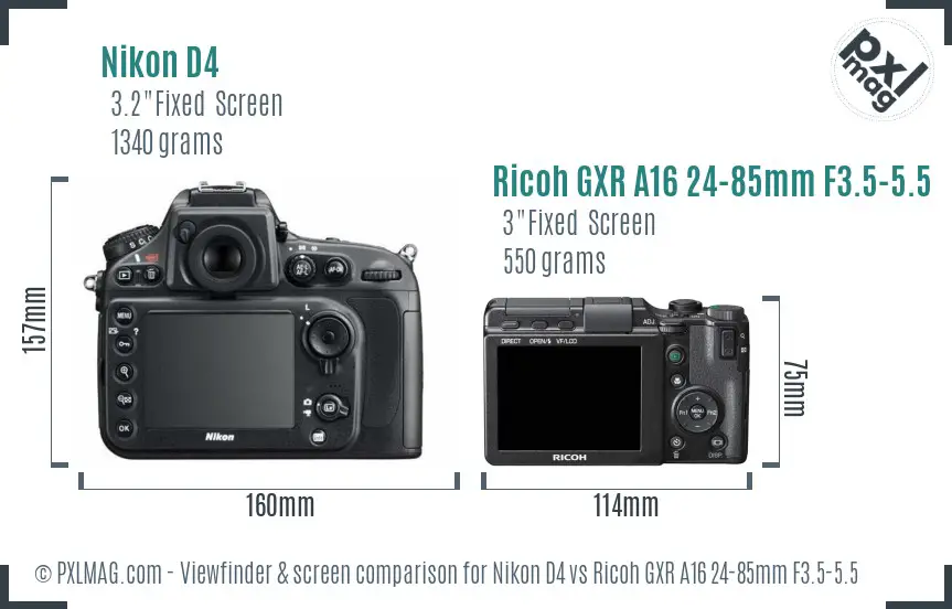 Nikon D4 vs Ricoh GXR A16 24-85mm F3.5-5.5 Screen and Viewfinder comparison