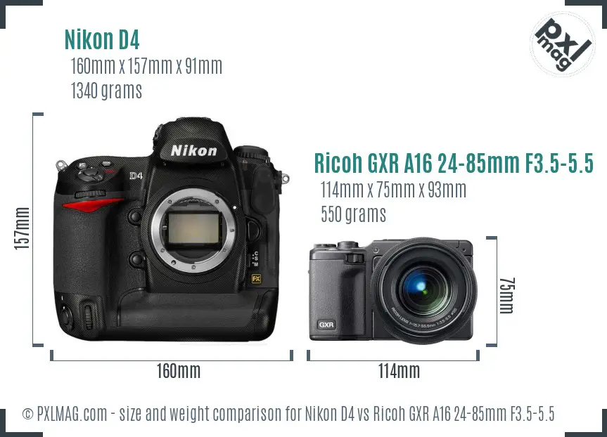 Nikon D4 vs Ricoh GXR A16 24-85mm F3.5-5.5 size comparison