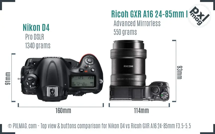 Nikon D4 vs Ricoh GXR A16 24-85mm F3.5-5.5 top view buttons comparison