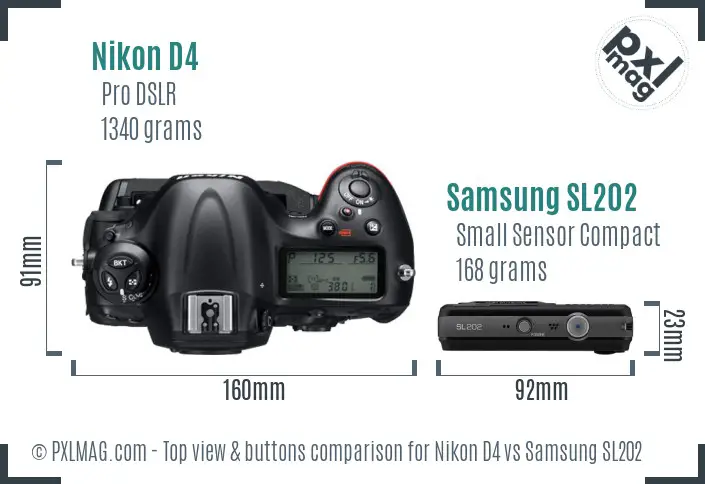 Nikon D4 vs Samsung SL202 top view buttons comparison