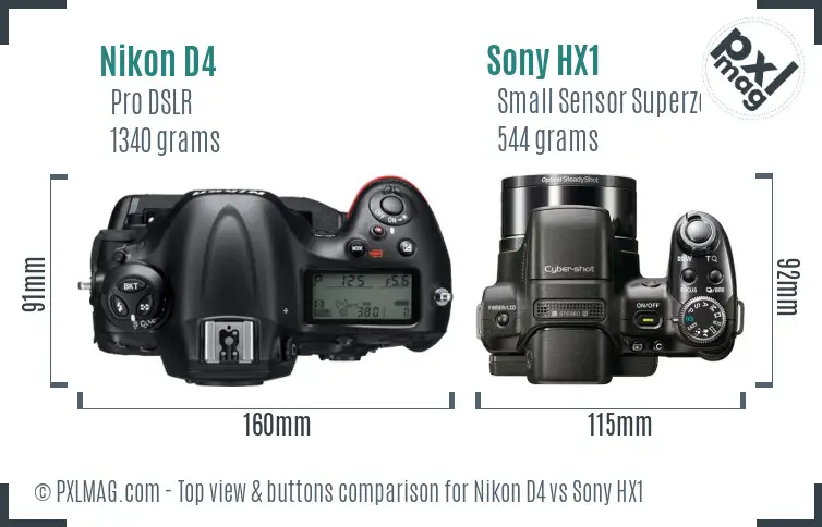 Nikon D4 vs Sony HX1 top view buttons comparison