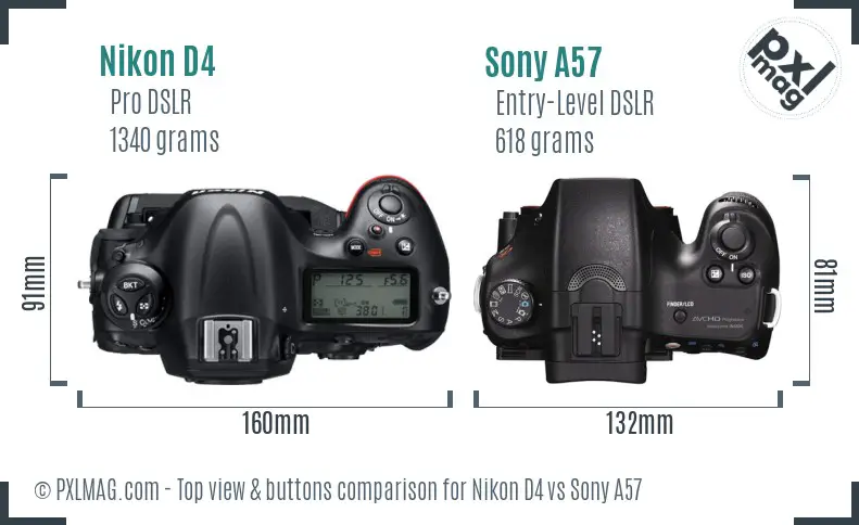 Nikon D4 vs Sony A57 top view buttons comparison