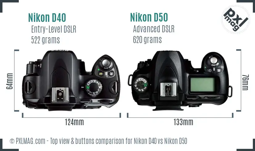 Nikon D40 vs Nikon D50 top view buttons comparison Nikon D40 vs Nikon D50 top view buttons comparison