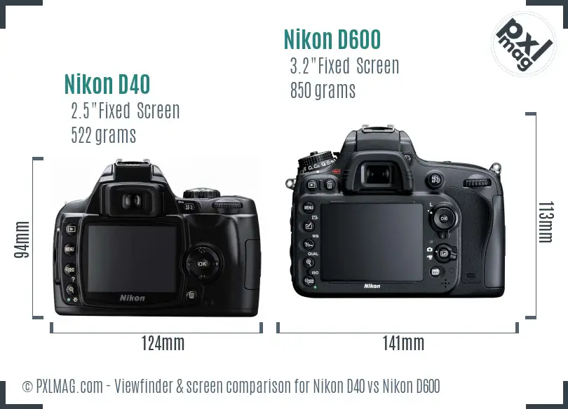 Nikon D40 vs Nikon D600 Screen and Viewfinder comparison Nikon D40 vs Nikon D600 Screen and Viewfinder comparison