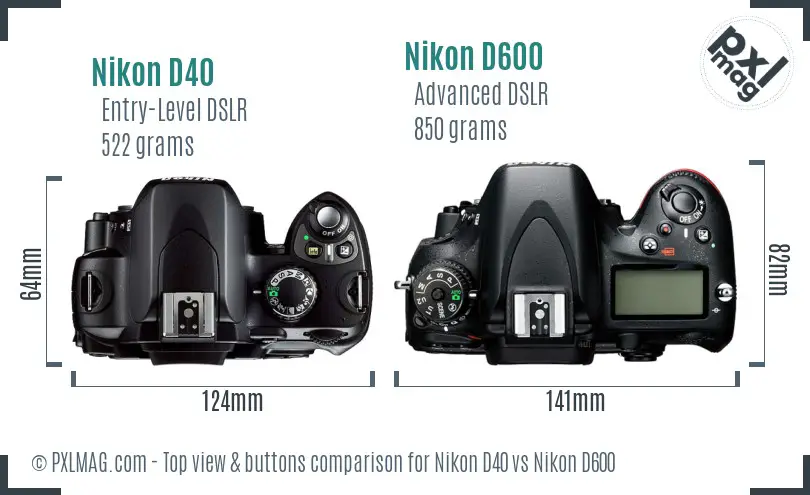 Nikon D40 vs Nikon D600 top view buttons comparison Nikon D40 vs Nikon D600 top view buttons comparison