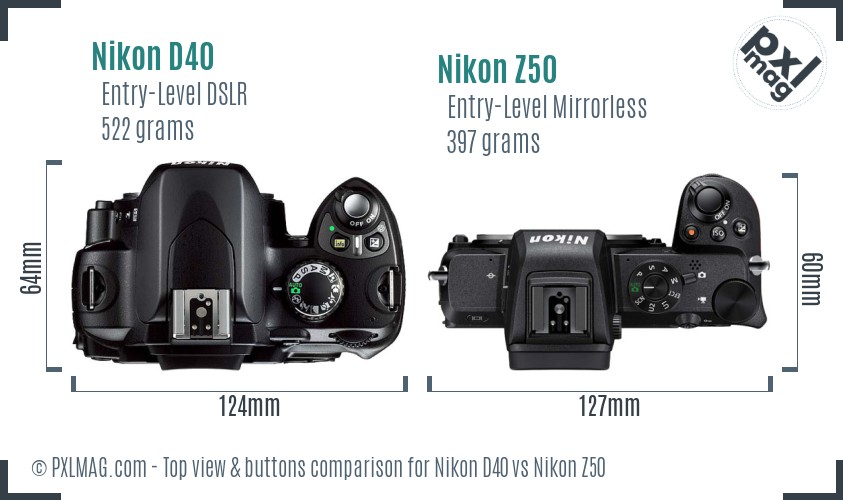 Nikon D40 vs Nikon Z50 top view buttons comparison