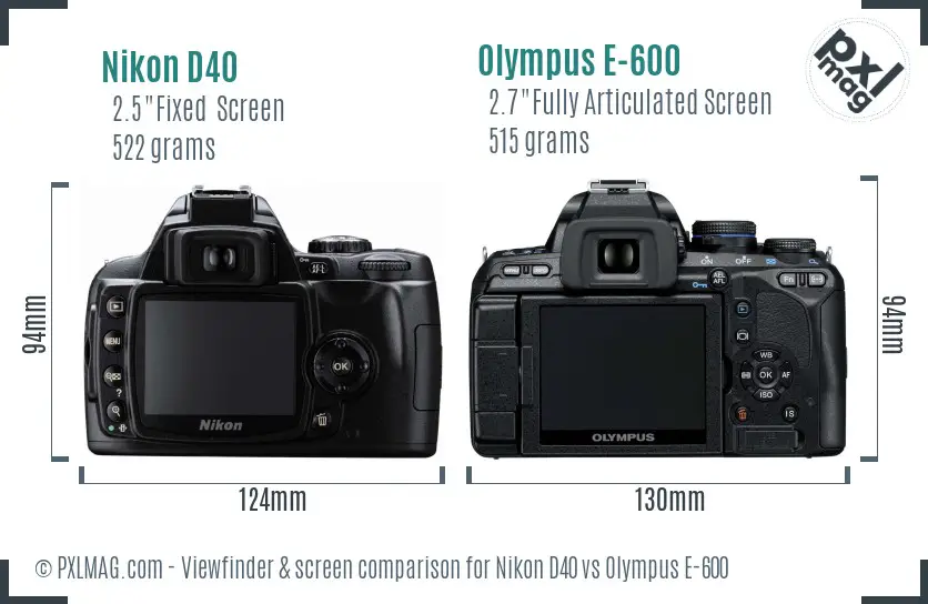 Nikon D40 vs Olympus E-600 Screen and Viewfinder comparison