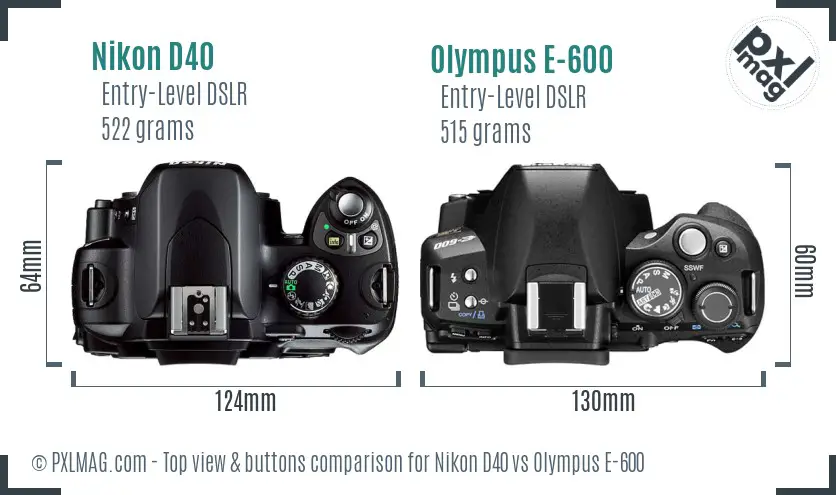 Nikon D40 vs Olympus E-600 top view buttons comparison