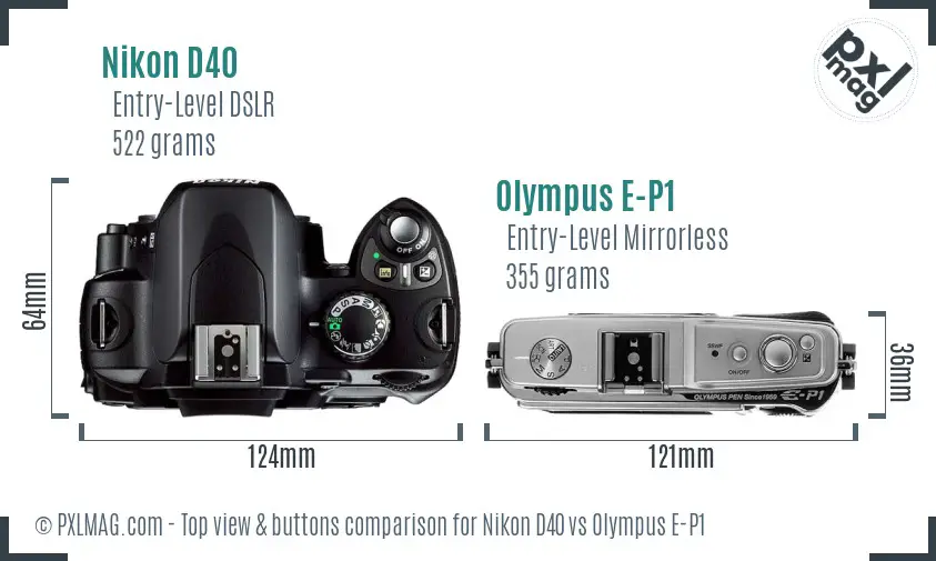 Nikon D40 vs Olympus E-P1 top view buttons comparison