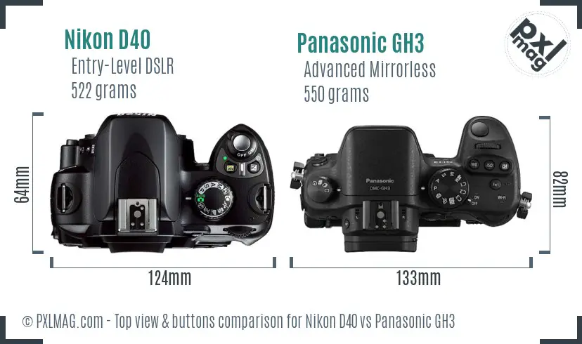 Nikon D40 vs Panasonic GH3 top view buttons comparison
