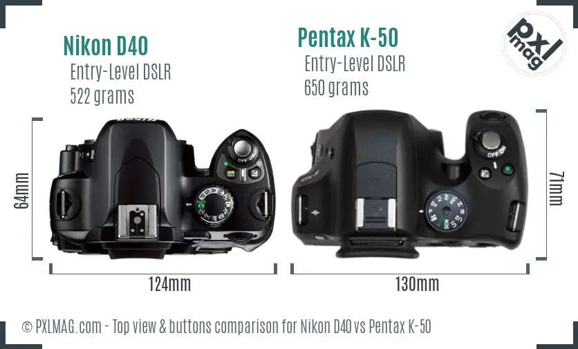 Nikon D40 vs Pentax K-50 top view buttons comparison