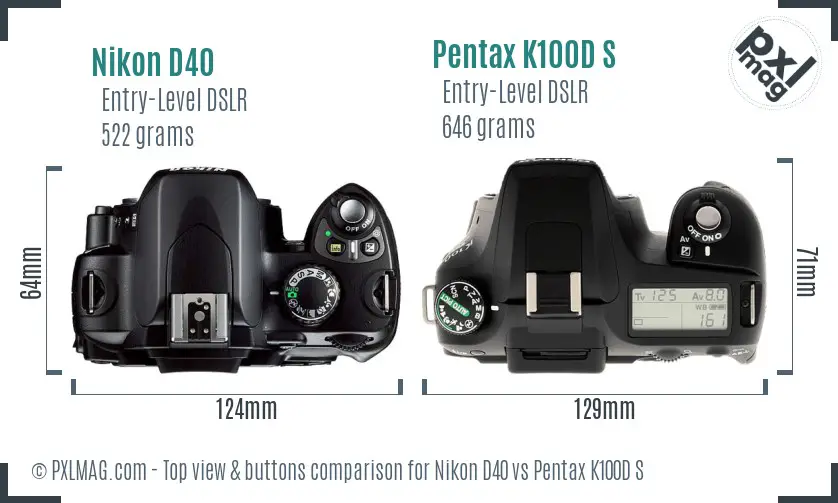 Nikon D40 vs Pentax K100D S top view buttons comparison