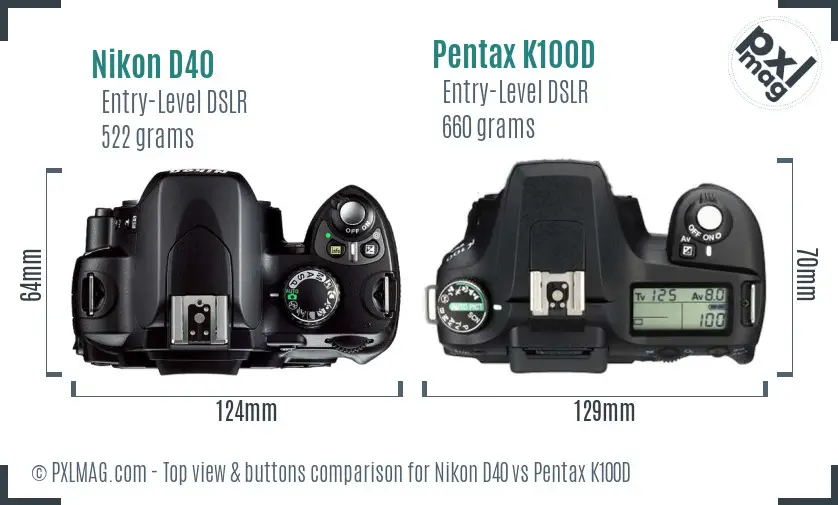 Nikon D40 vs Pentax K100D top view buttons comparison Nikon D40 vs Pentax K100D top view buttons comparison