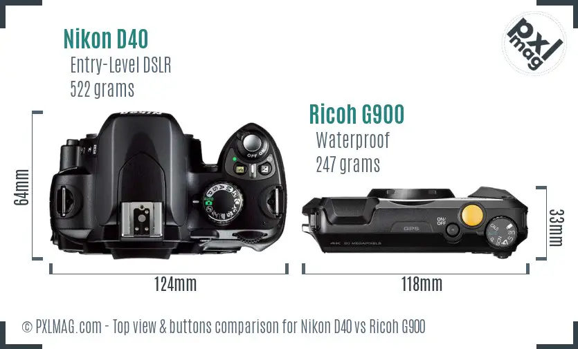Nikon D40 vs Ricoh G900 top view buttons comparison