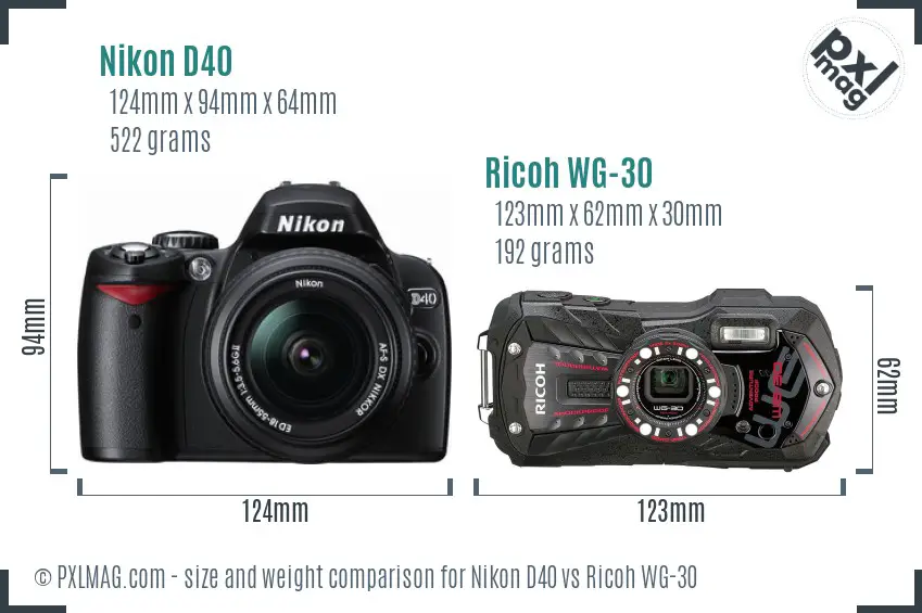 Nikon D40 vs Ricoh WG-30 size comparison