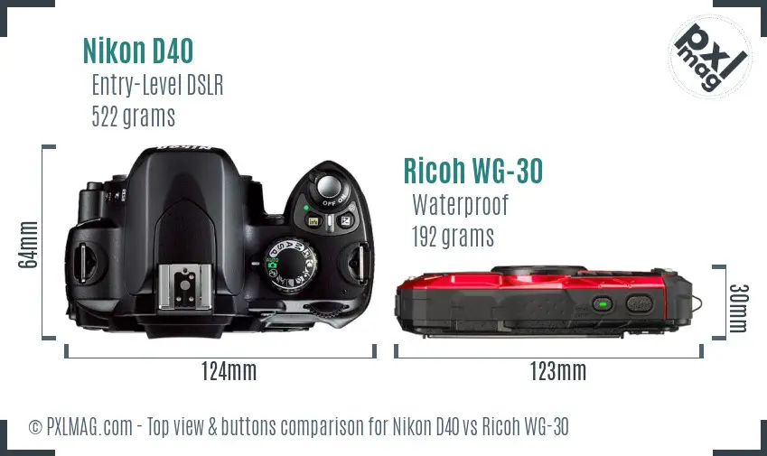 Nikon D40 vs Ricoh WG-30 top view buttons comparison