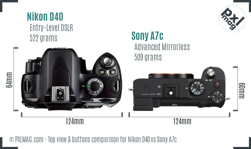 Nikon D40 vs Sony A7c top view buttons comparison
