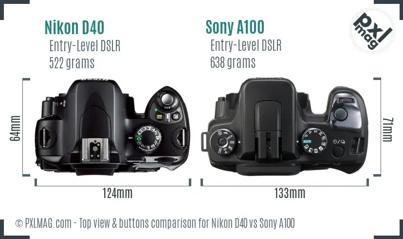 Nikon D40 vs Sony A100 top view buttons comparison