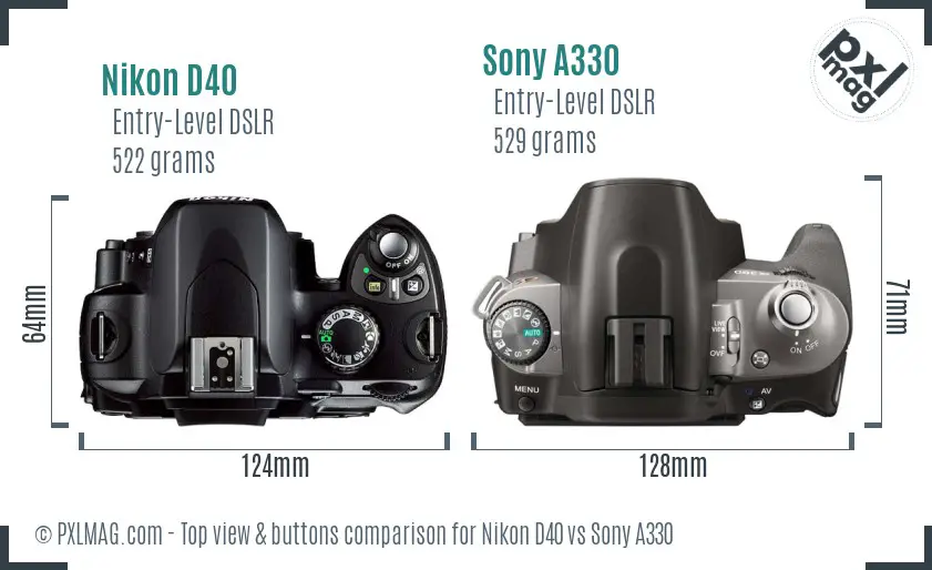 Nikon D40 vs Sony A330 top view buttons comparison Nikon D40 vs Sony A330 top view buttons comparison