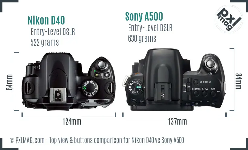 Nikon D40 vs Sony A500 top view buttons comparison