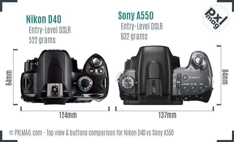 Nikon D40 vs Sony A550 top view buttons comparison
