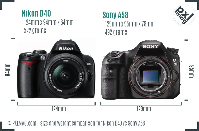 Nikon D40 vs Sony A58 size comparison