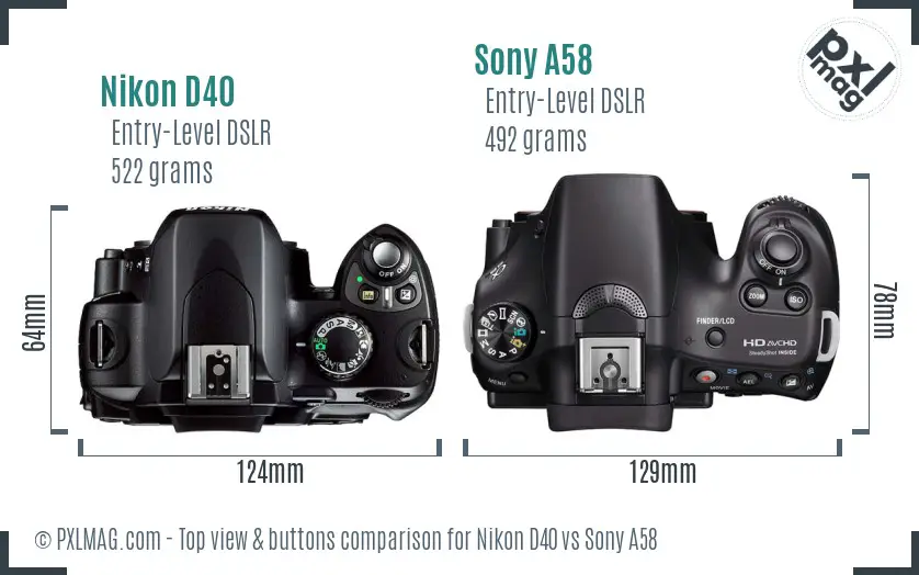 Nikon D40 vs Sony A58 top view buttons comparison