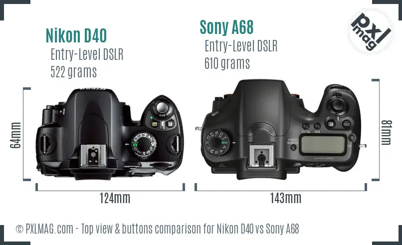 Nikon D40 vs Sony A68 top view buttons comparison