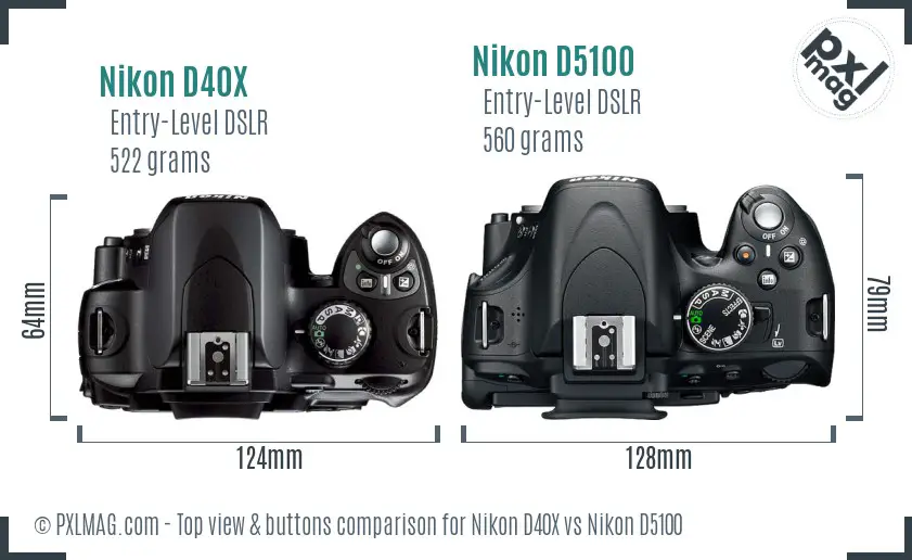 Nikon D40X vs Nikon D5100 top view buttons comparison