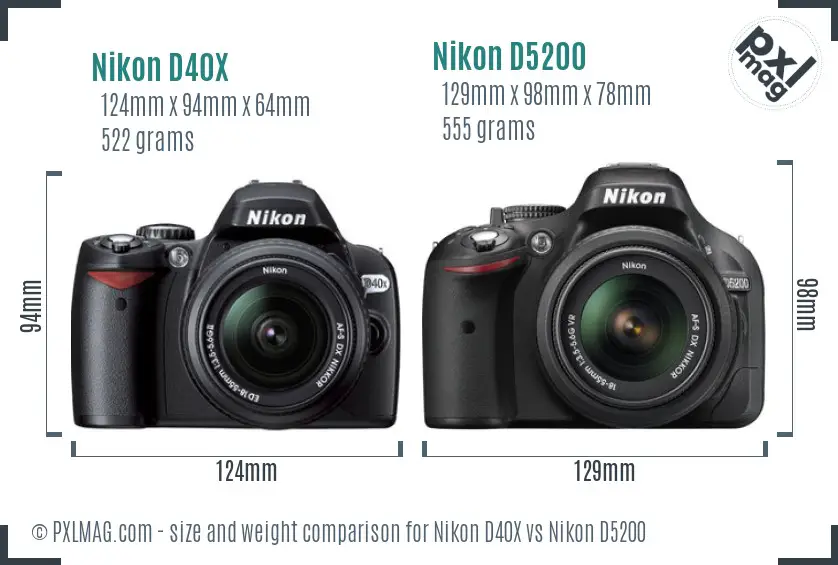 Nikon D40X vs Nikon D5200 size comparison