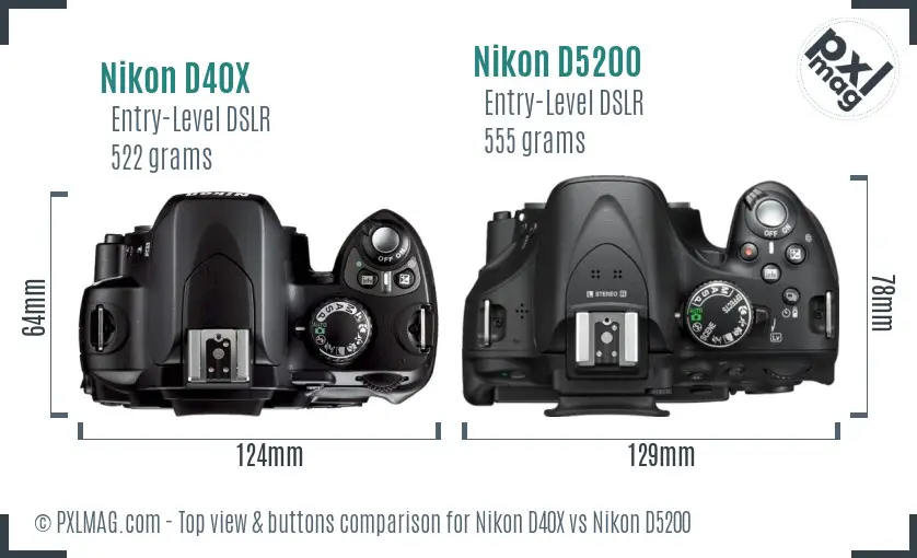 Nikon D40X vs Nikon D5200 top view buttons comparison