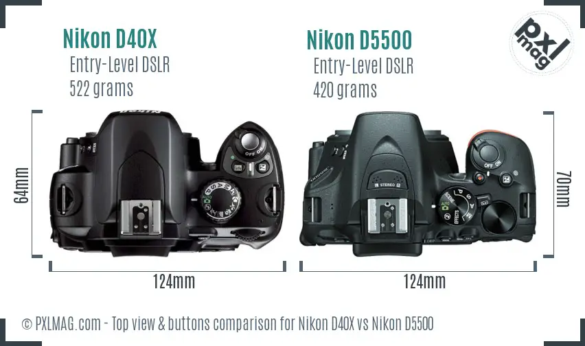 Nikon D40X vs Nikon D5500 top view buttons comparison