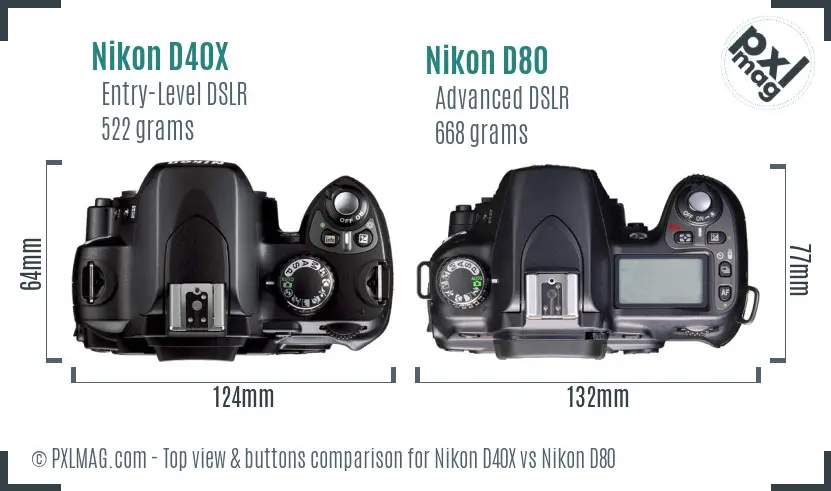 Nikon D40X vs Nikon D80 top view buttons comparison Nikon D40X vs Nikon D80 top view buttons comparison