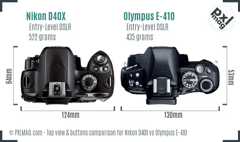 Nikon D40X vs Olympus E-410 top view buttons comparison
