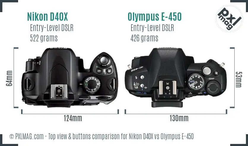 Nikon D40X vs Olympus E-450 top view buttons comparison