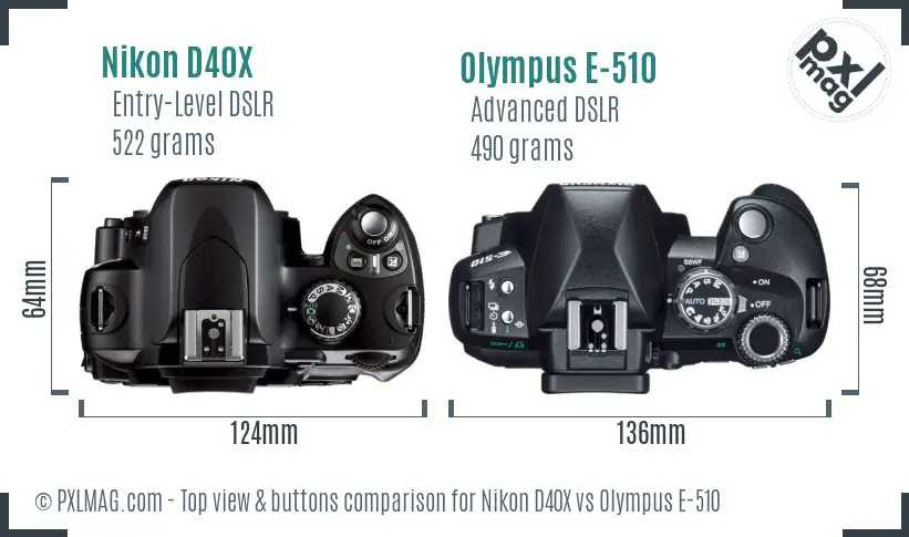 Nikon D40X vs Olympus E-510 top view buttons comparison