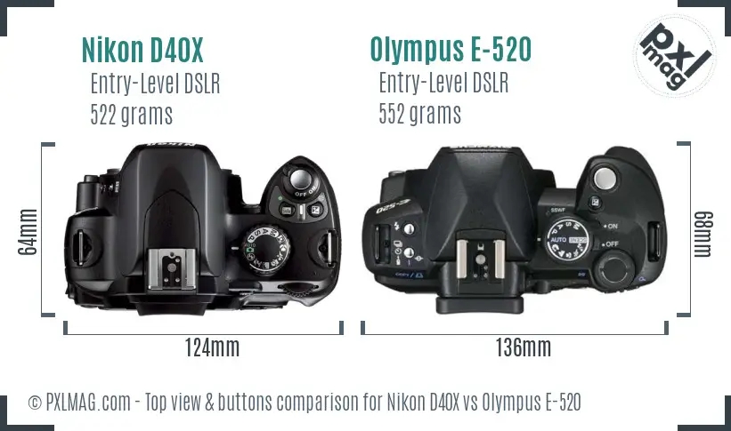 Nikon D40X vs Olympus E-520 top view buttons comparison