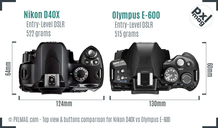 Nikon D40X vs Olympus E-600 top view buttons comparison