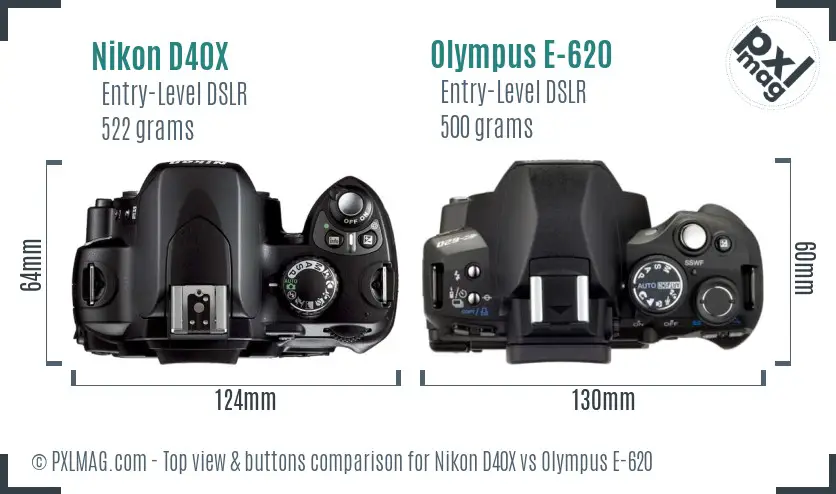 Nikon D40X vs Olympus E-620 top view buttons comparison