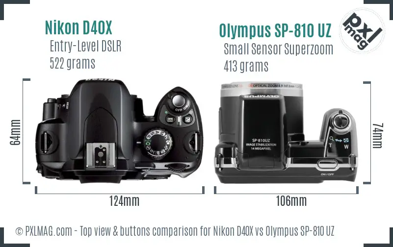 Nikon D40X vs Olympus SP-810 UZ top view buttons comparison