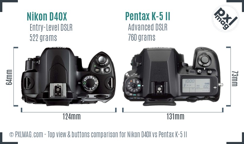 Nikon D40X vs Pentax K-5 II top view buttons comparison