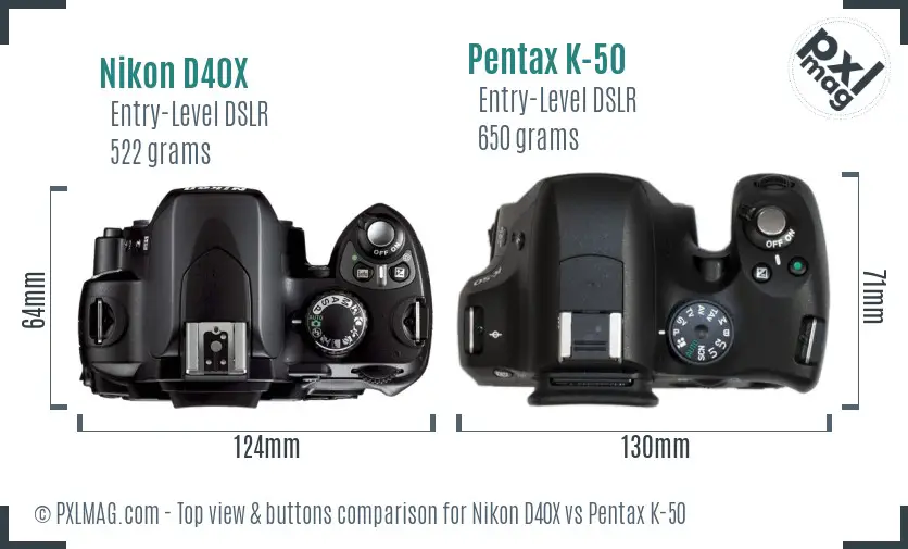 Nikon D40X vs Pentax K-50 top view buttons comparison