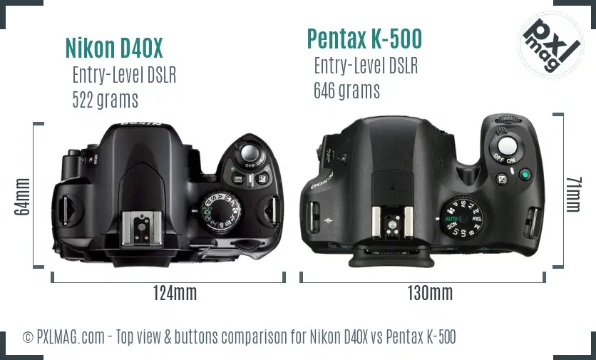 Nikon D40X vs Pentax K-500 top view buttons comparison