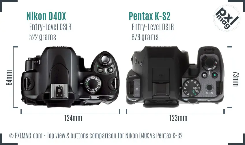 Nikon D40X vs Pentax K-S2 top view buttons comparison