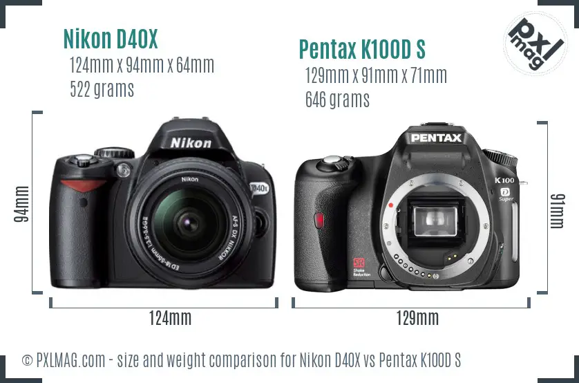 Nikon D40X vs Pentax K100D S size comparison