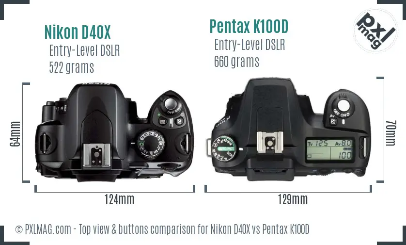 Nikon D40X vs Pentax K100D top view buttons comparison