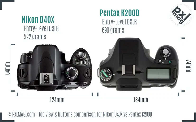 Nikon D40X vs Pentax K200D top view buttons comparison